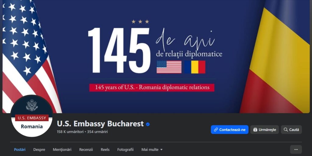 Pagina de Facebook a Ambasadei SUA la București, fără activitate în lipsa fondurilor