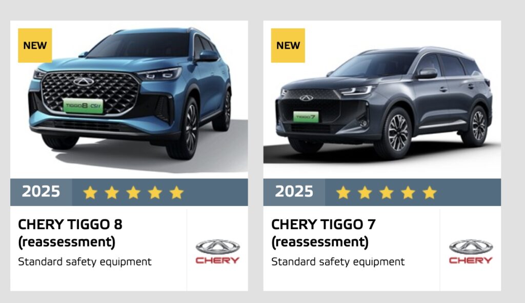 Chery TIGGO7 CSH și TIGGO8 CSH au obținut ratingul maxim de cinci stele la testele Euro NCAP