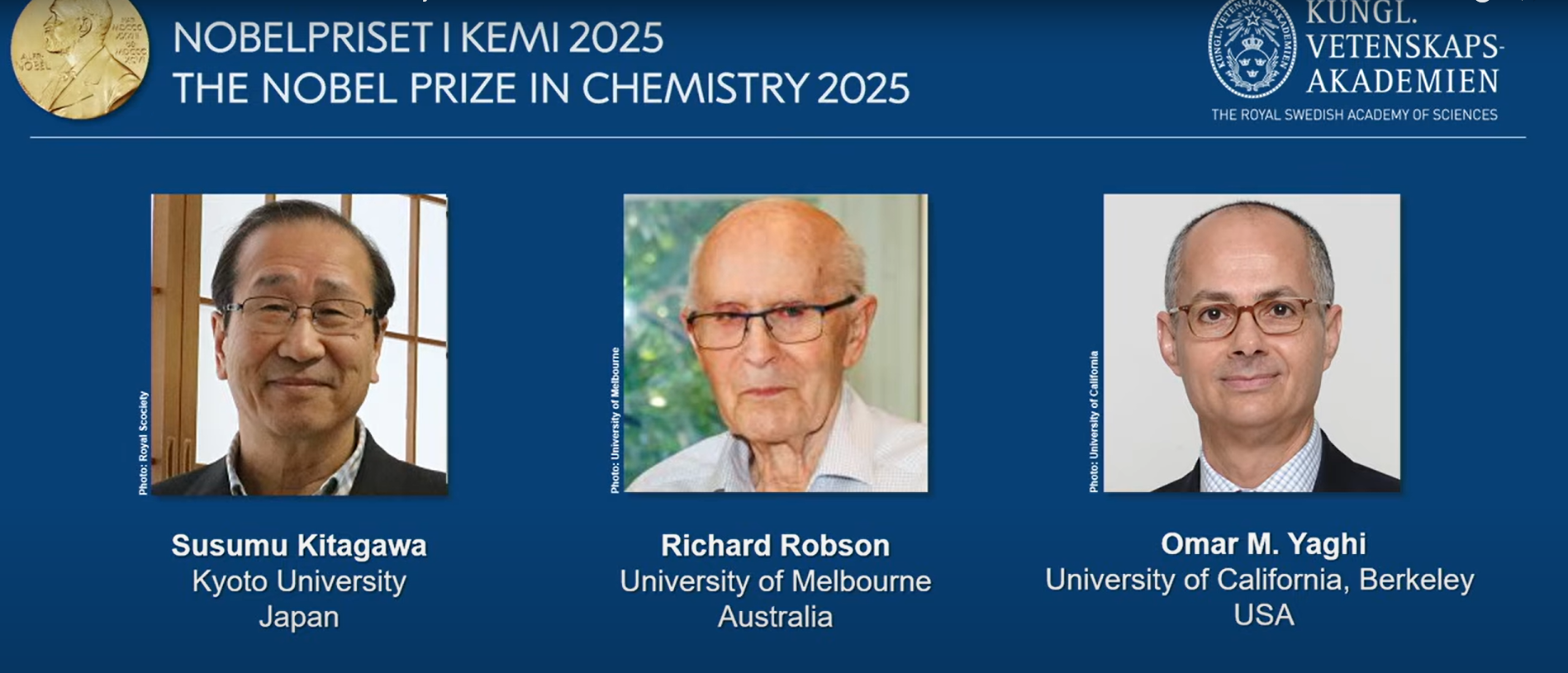 Premiul Nobel pentru Chimie 2025 a fost acordat cercetătorilor Susumu Kitagawa, Richard Robson și Omar M. Yaghi