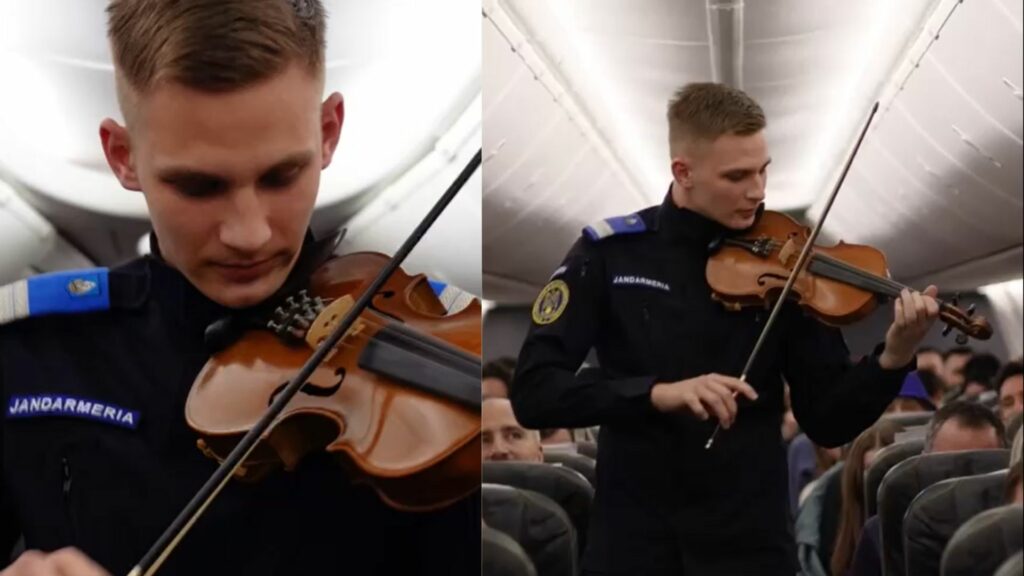 Un jandarm român a interpretat imnul României în avion, la peste 10.000 de metri altitudine