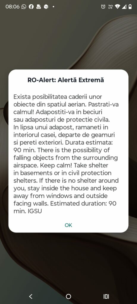 Mesaj Ro-Alert în Galați: Posibilitatea căderii unor obiecte din spațiul aerian