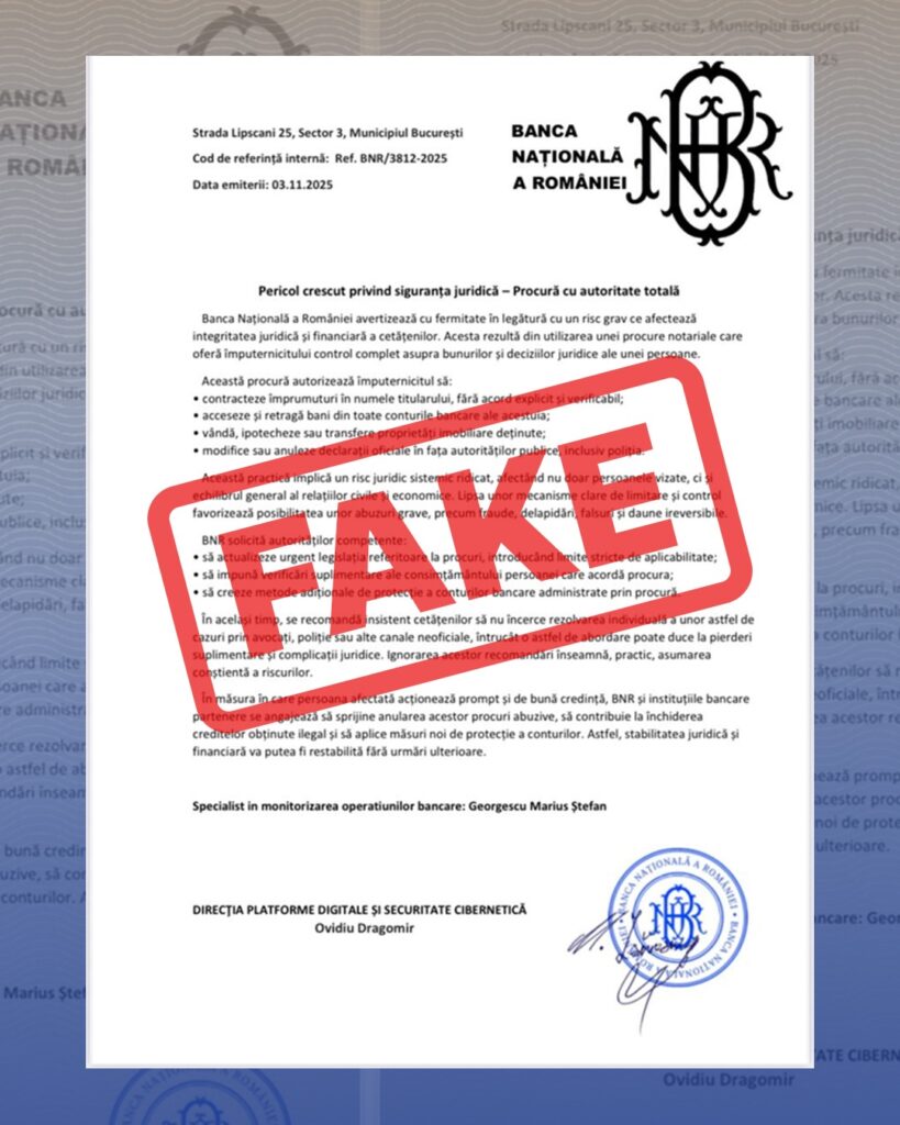 BNR avertizează: Document fals cu sigla băncii centrale circulă online