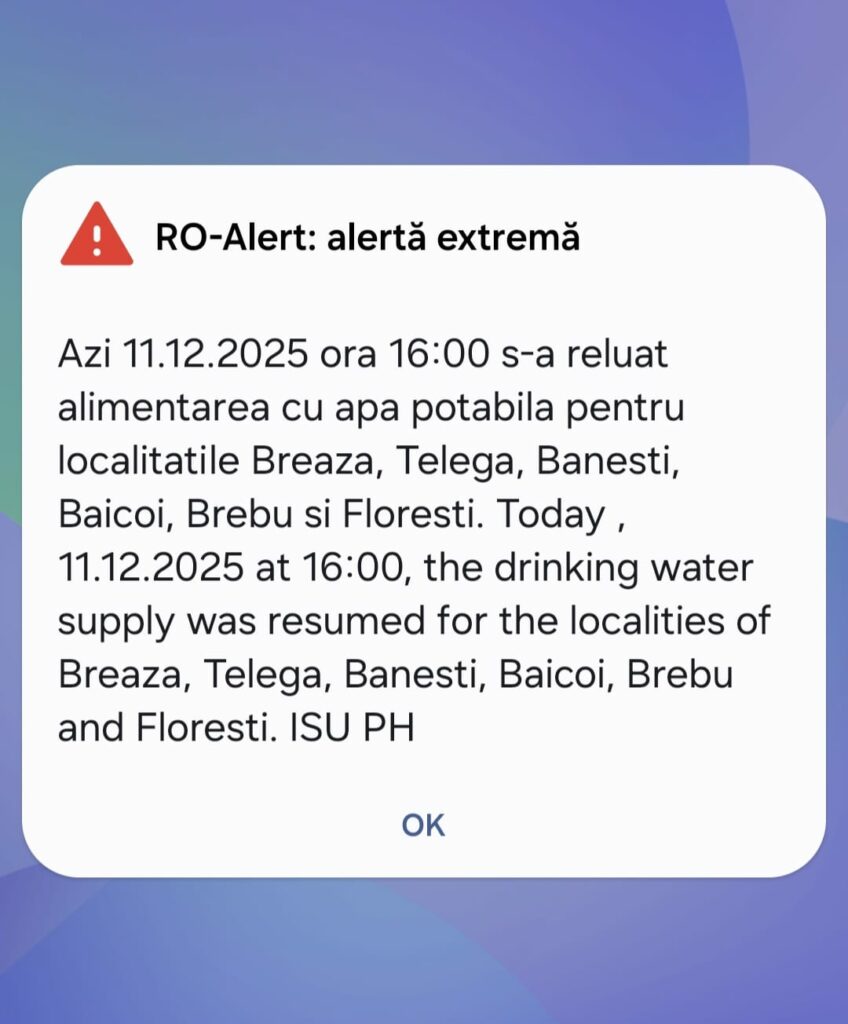 Apa potabilă revine în șase localități din Prahova. RO-Alert trimis locuitorilor