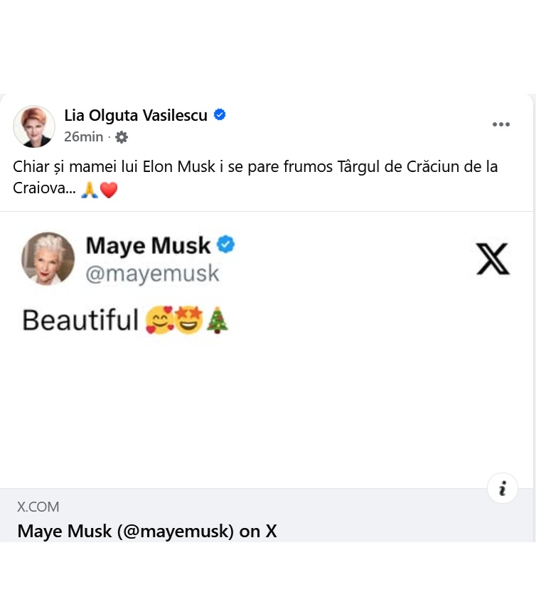 Mama lui Elon Musk, despre o postare cu Târgul de Crăciun din Craiova: Beautiful