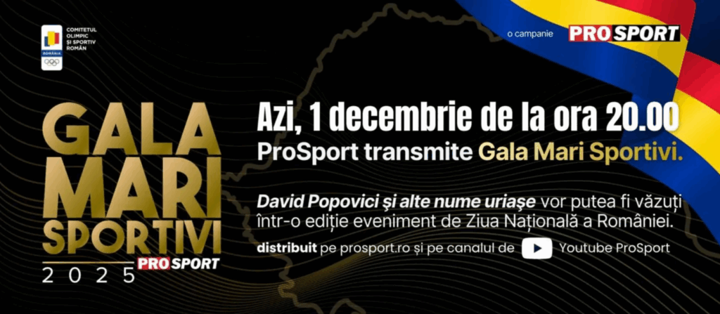 Gala Mari Sportivi, transmisă de Prosport într-o ediție eveniment de 1 Decembrie. Nume importante vor putea fi văzute