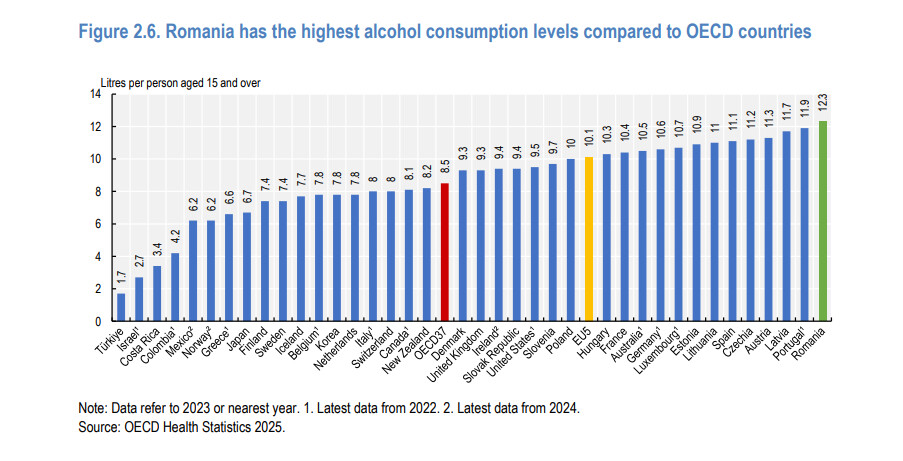 România, țara cu cel mai mare consum de alcool, cu o rată foarte mare a fumatului și a mortalității evitabile / Raport OCDE