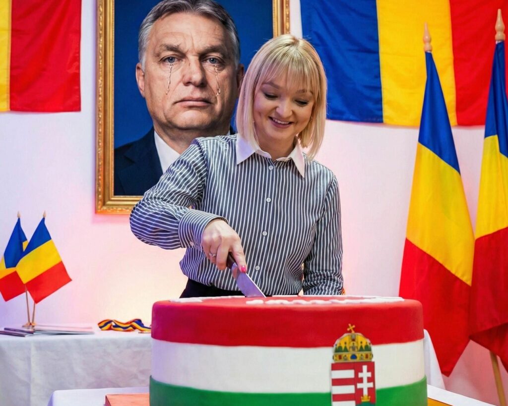 Deputata AUR Lidia Vadim Tudor, gest provocator pe rețelele sociale: apare tăind un tort cu steagul Ungariei. În fundal, Viktor Orbán „plânge” într-o fotografie editată