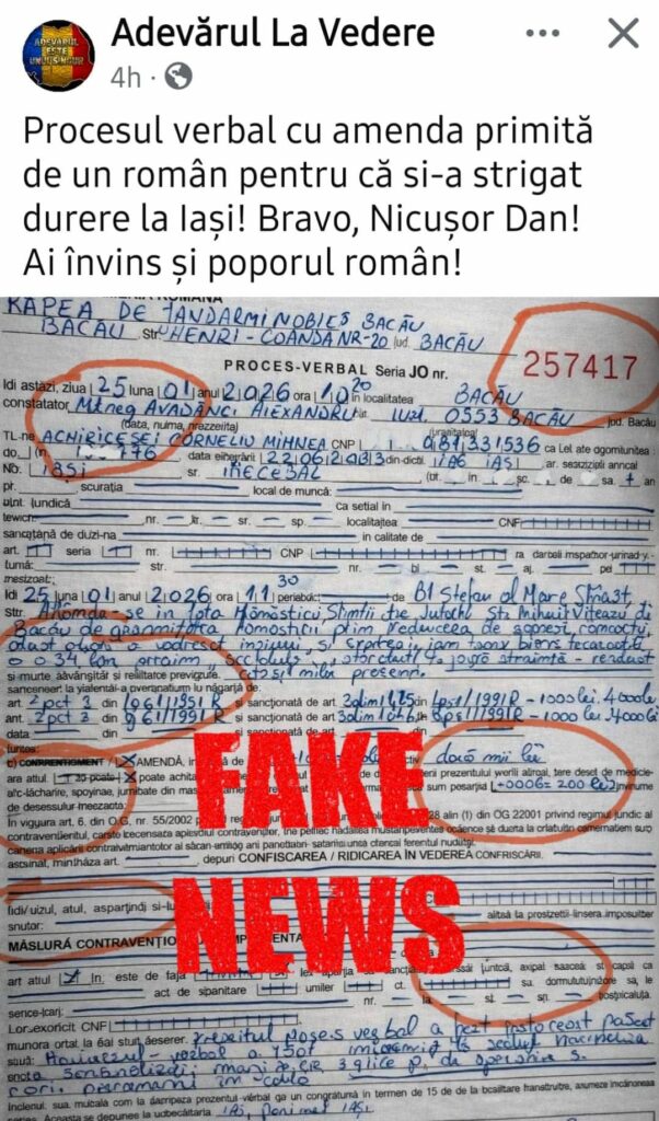 Fals proces-verbal al Jandarmeriei distribuit în on-line, însoțit de comentarii politice