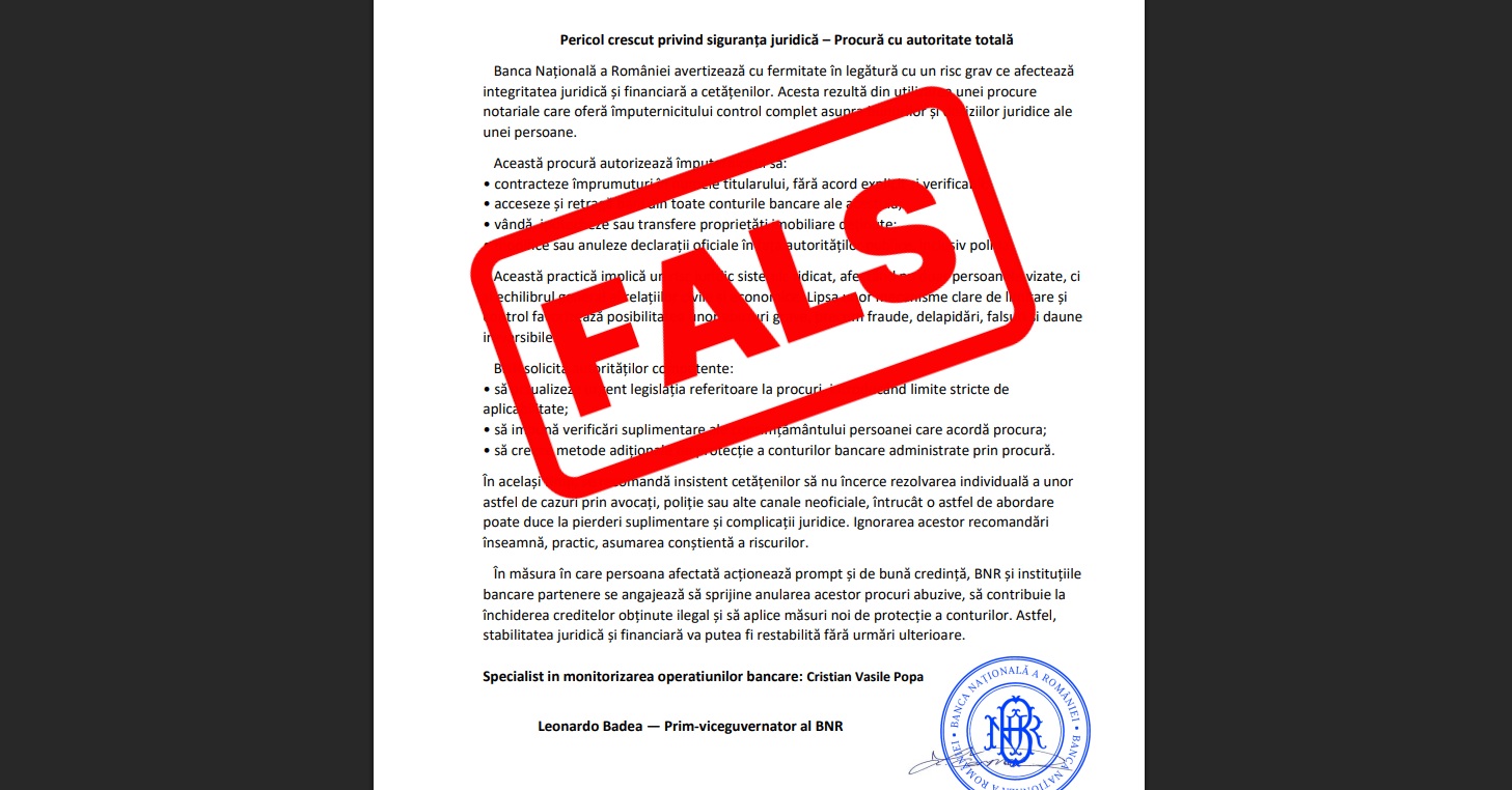 BNR, avertisment despre documentul fals