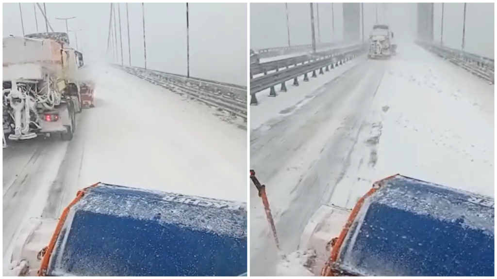 VIDEO. Ninsoarea și viscolul au închis circulația pe cel mai mare pod suspendat din România