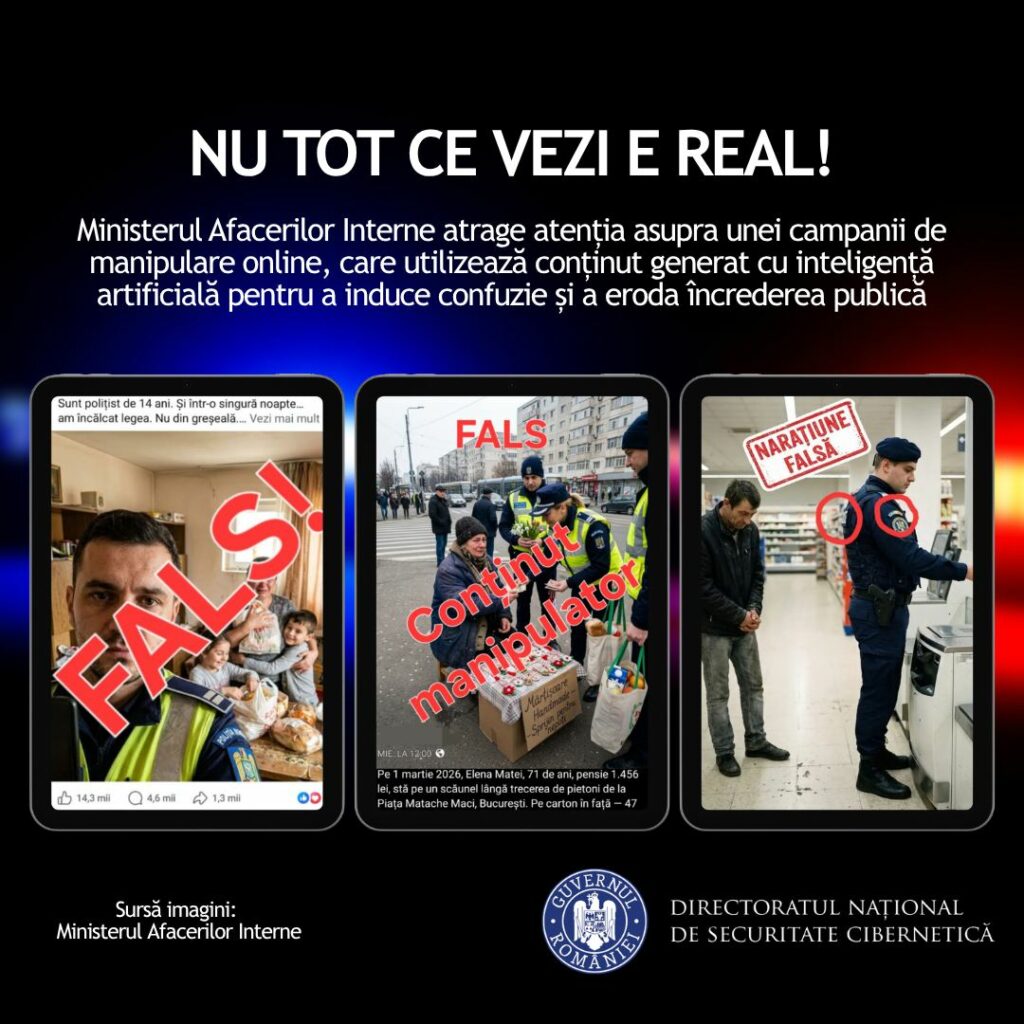 Campanie de influențare cu personaje AI, prezentate ca polițiști sau jandarmi. DNSC: „Exploatează emoțiile”
