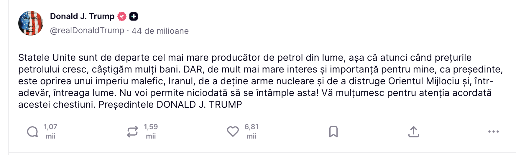 Donald Trump dă un nou mesaj despre prețul petrolului și „Imperiul malefic”