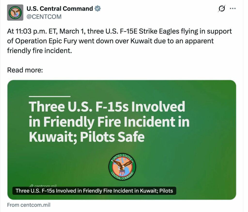 Pentagonul recunoaște că trei avioane de luptă ale SUA au fost doborâte din greșeală de Kuweit