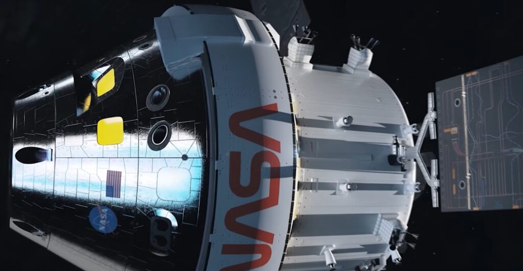 Capsula Orion, cu cei patru astronauți care au plecat spre Lună, văzută de pe o terasă din București