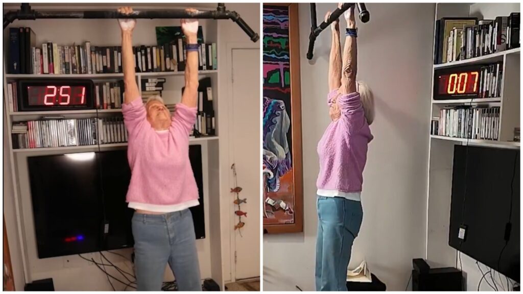 O femeie de 90 de ani a stabilit recordul mondial stând agățată de o bară de tracțiuni