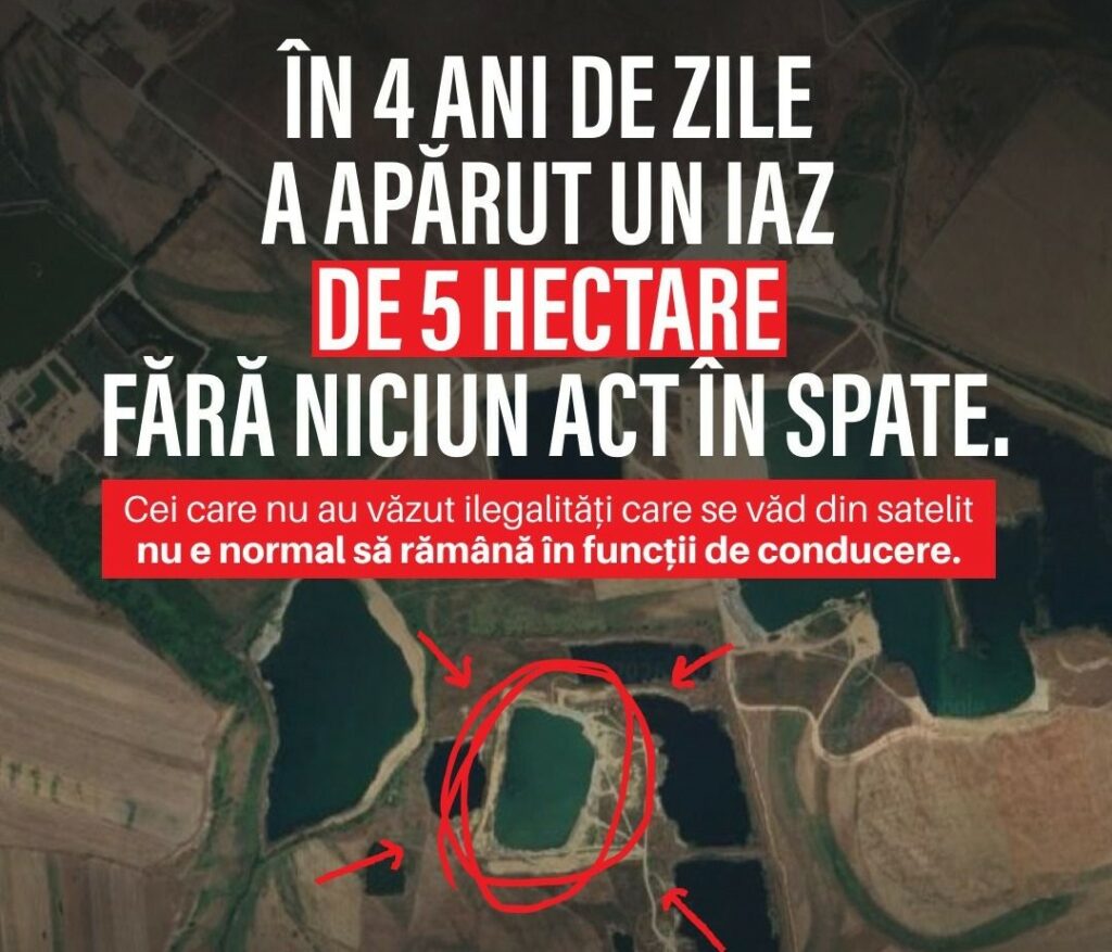 Balastiere ilegale în Olt, vizibile din satelit: „Crater de 5 hectare săpat în 4 ani, fără acte”