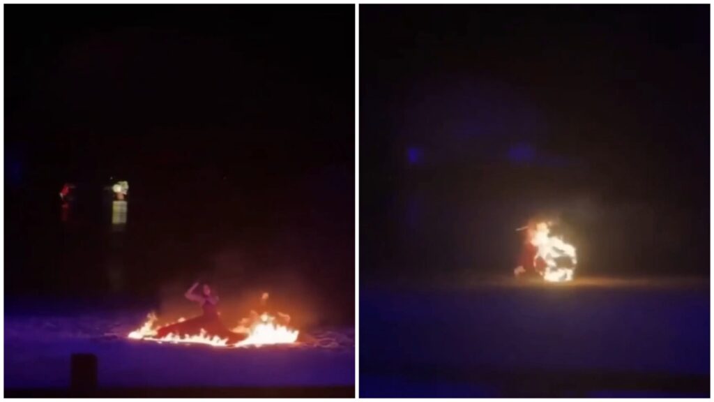 O dansatoare a luat foc în timpul unui spectacol. Ea a supraviețuit deoarece s-a aruncat în apă