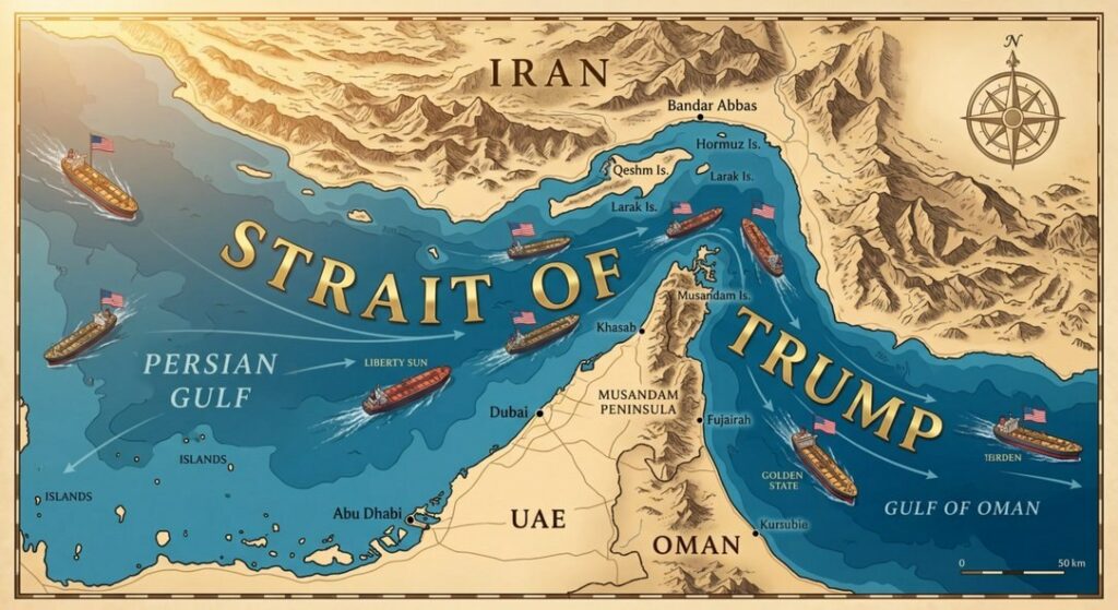 „Strâmtoarea lui Trump”. Președintele SUA publică o hartă în care a schimbat numele Strâmtorii Ormuz