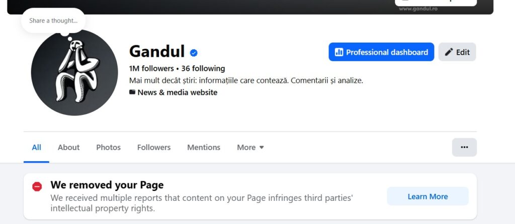 Gândul acuză un asalt asupra publicației: Facebook a închis pagina ziarului cu 1 milion de urmăritori