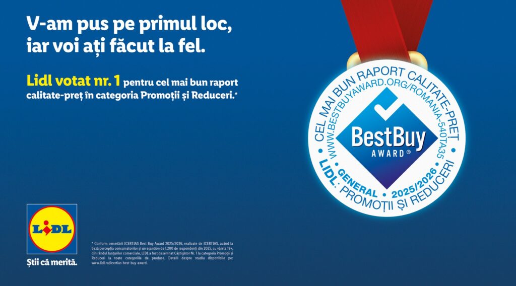 Cumpărături zilnice la prețul care merită: Lidl, recunoscut pentru cel mai bun raport calitate – preț în România, potrivit ICERTIAS Best Buy Award 2025/2026