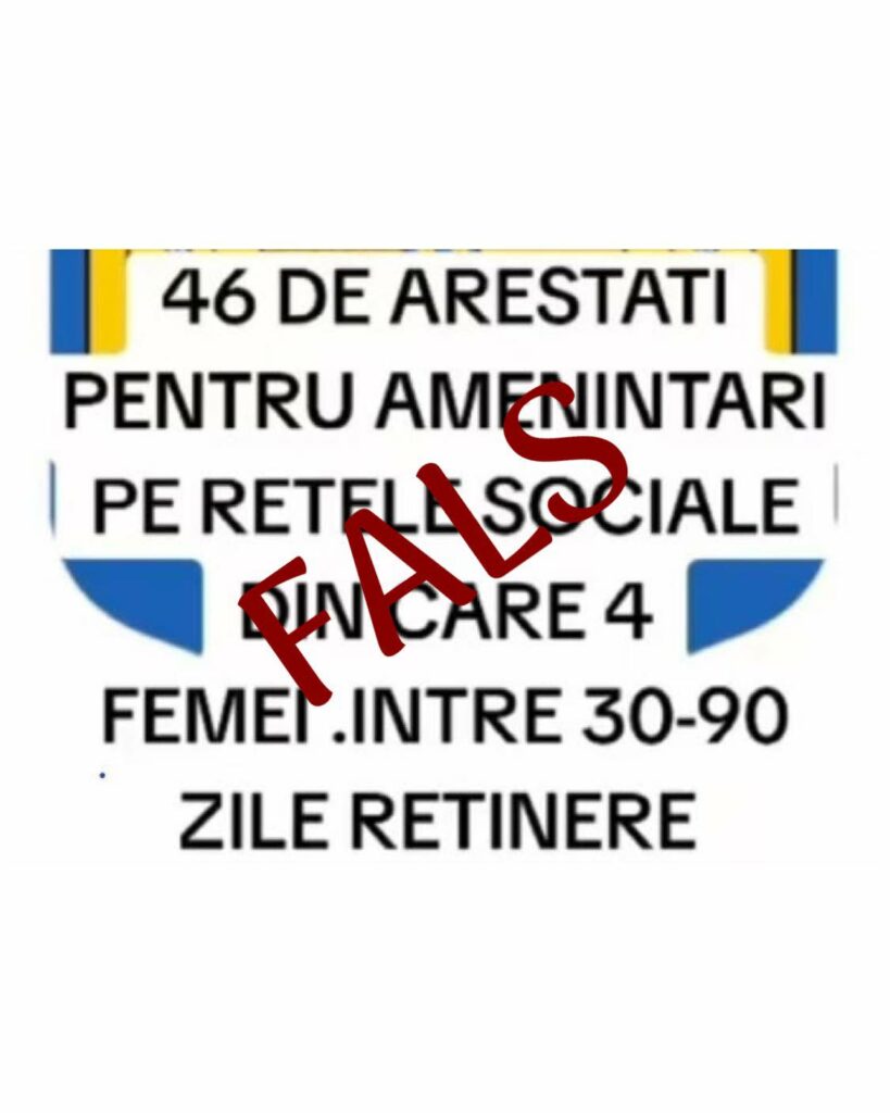 Poliția Română demontează un nou fake-news despre reținerea instigatorilor online pentru 30-90 zile. Informația este falsă, legea permite maximum 24 ore.