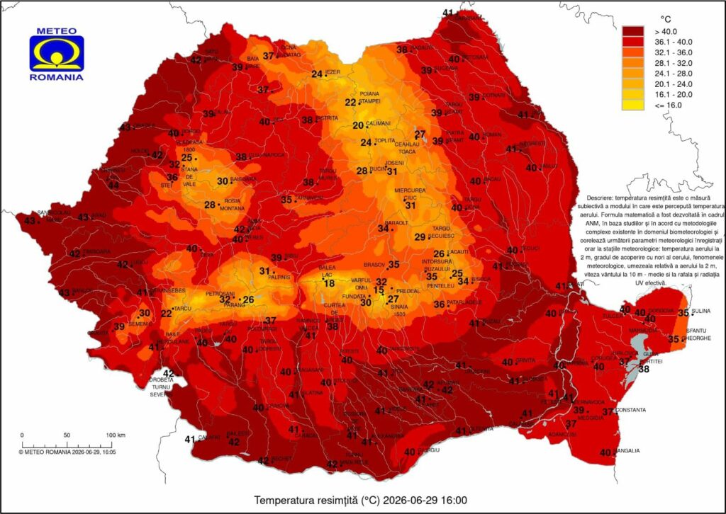 Hartă. România se topește: temperatura resimțită a ajuns la 44°C în mai multe zone