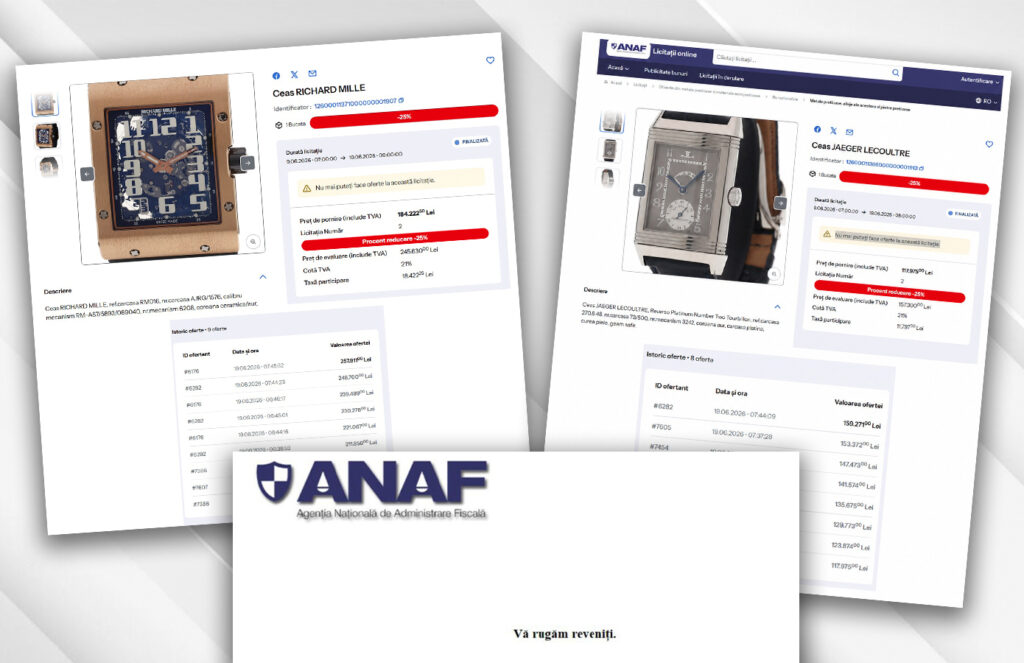 Licitație ANAF cu semne de întrebare: ceas de lux evaluat pe piață la până la 68.000 de euro, adjudecat cu 159.271 de lei. Participanții reclamă că site-ul a picat în momentele decisive ale licitației
