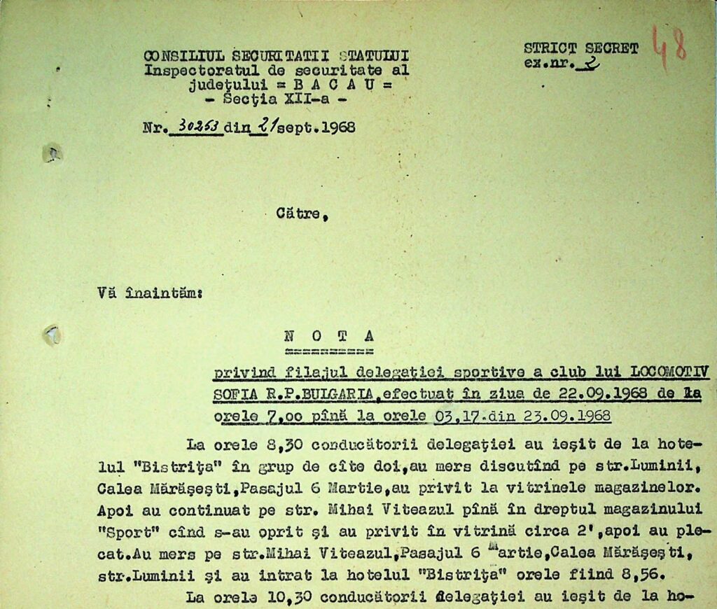 CNSAS publică un raport de filaj al Securității: O delegație sportivă bulgară, urmărită pas cu pas în timpul unei vizite la Bacău, în 1968