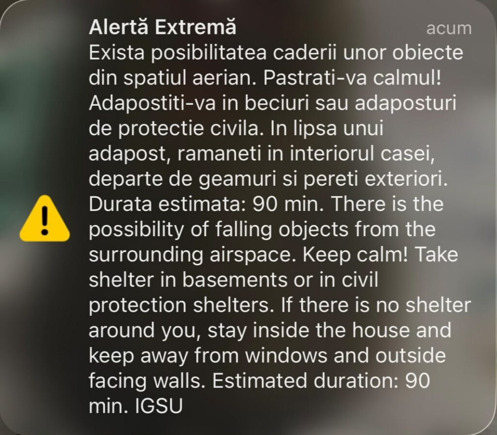 Nouă alertă aeriană în Tulcea. Mesaj Ro-Alert emis din cauza riscului căderii unor obiecte din aer