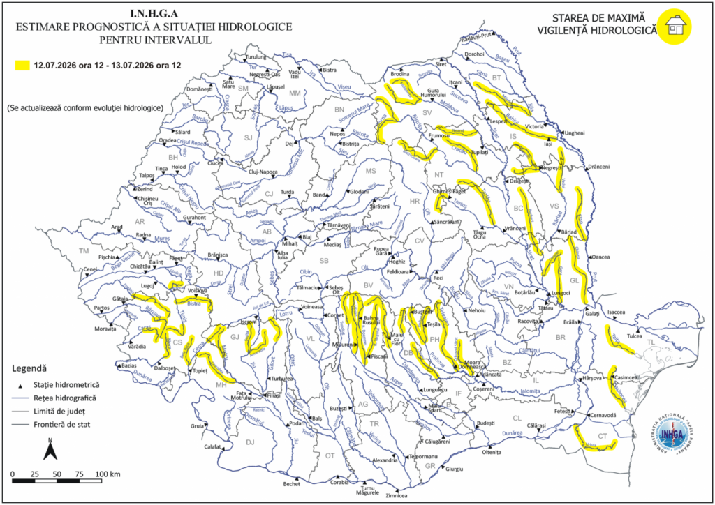 Alertă de inundații în România. Cod galben pe mai multe râuri din 20 de județe, avertizare până luni la prânz