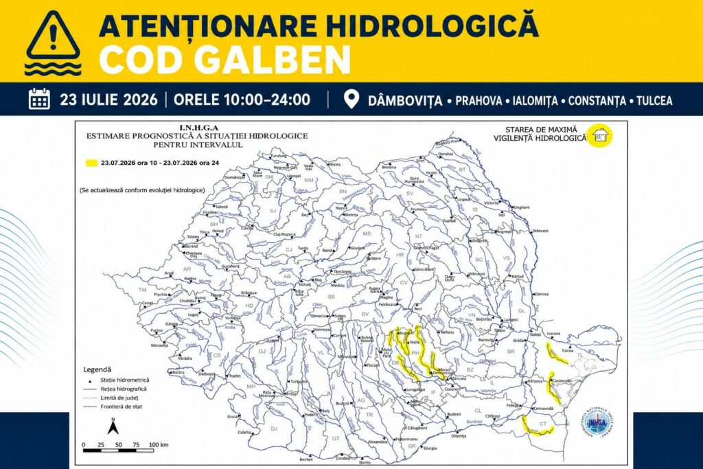 INHGA: Cod Galben de viituri și posibile inundații locale în cinci județe