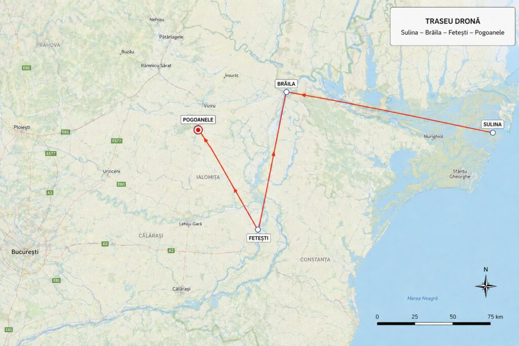 Traseul bizar al dronei doborâte de F-16: a intrat pe la Sulina, a coborât spre Fetești și s-a întors spre Buzău