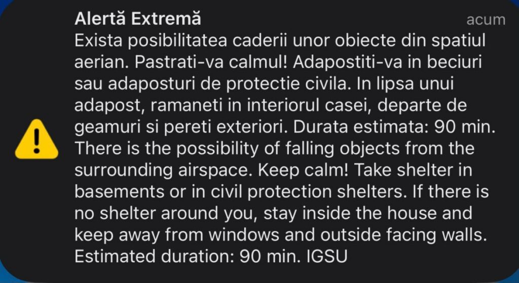 Mesaj nou RO-Alert în Tulcea, după posibilitatea căderii unor obiecte din spațiul aerian. Oamenii, îndemnați să se adăpostească