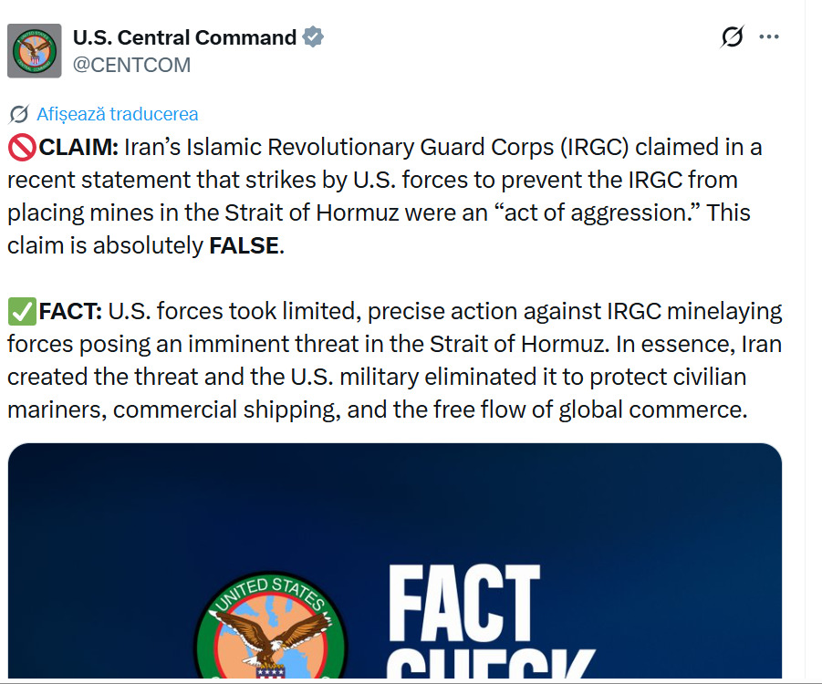 CENTCOM răspunde Iranului după atacul americanilor din Ormuz: „Iranul a creat amenințarea, iar armata SUA a eliminat-o”