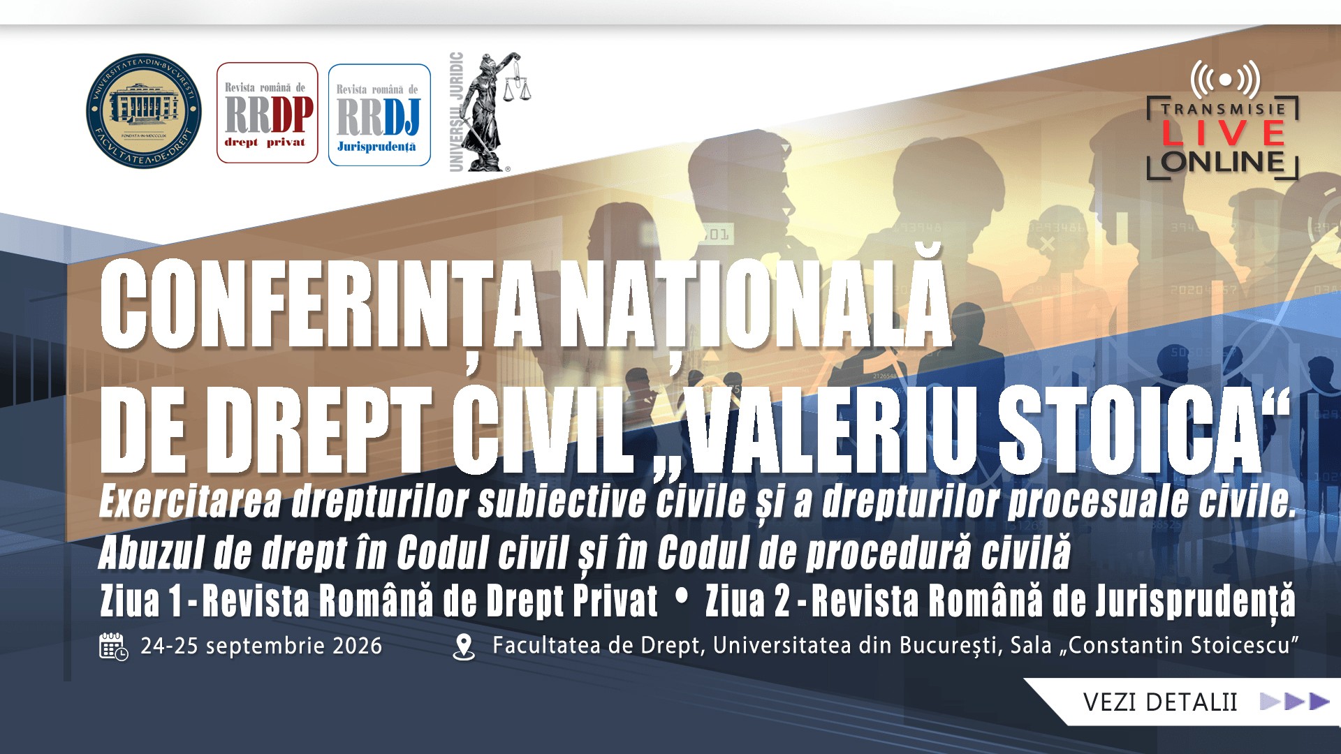 Imagine asociată subiectului: Conferința Națională de Drept Civil „Valeriu Stoica” are loc pe 24-25 septembrie 2026
