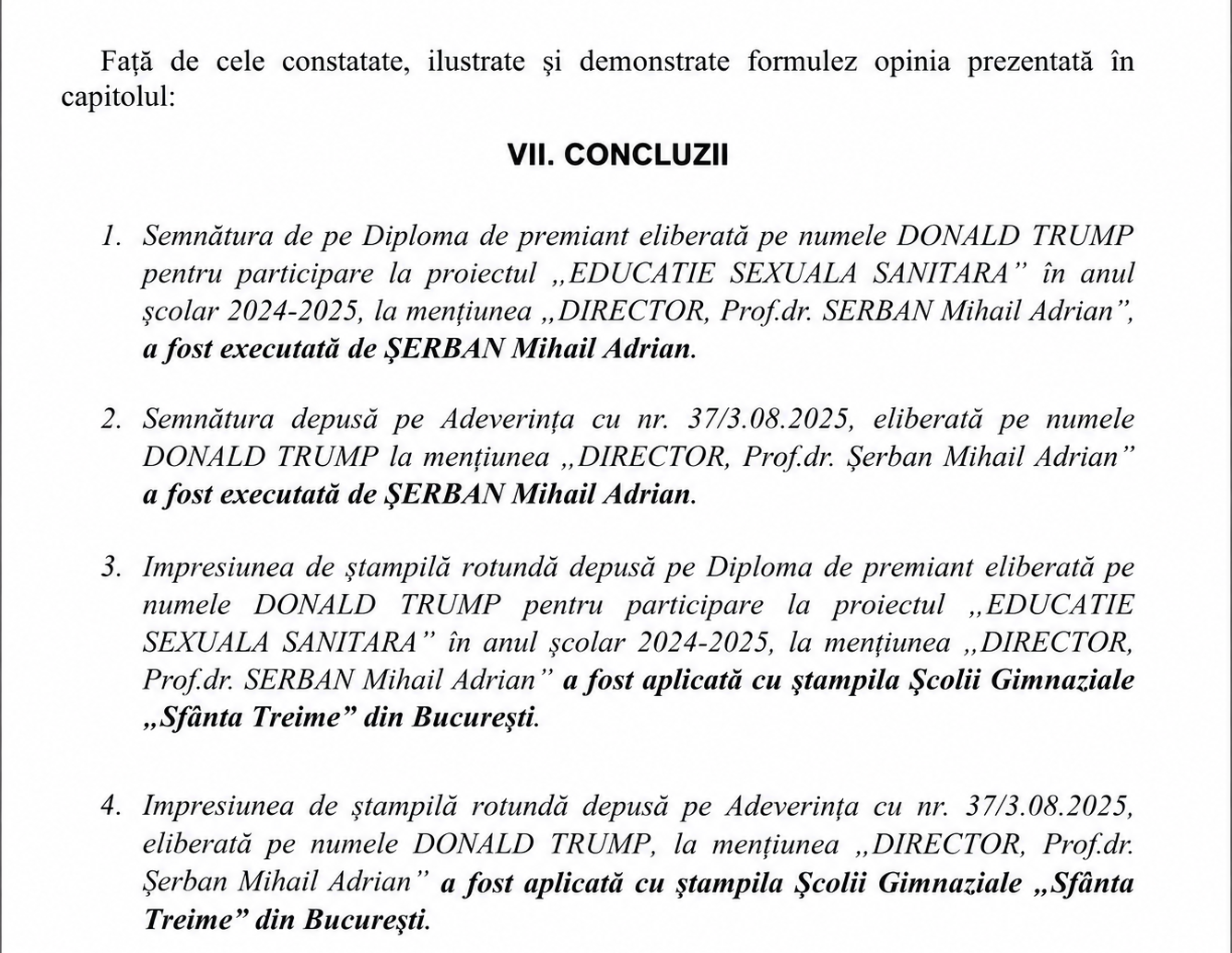EXCLUSIV | Expertiză criminalistică: Diploma lui Donald Trump pentru „educație sexuală” poartă semnătura atribuită directorului și ștampila Școlii Gimnaziale „Sfânta Treime” din București