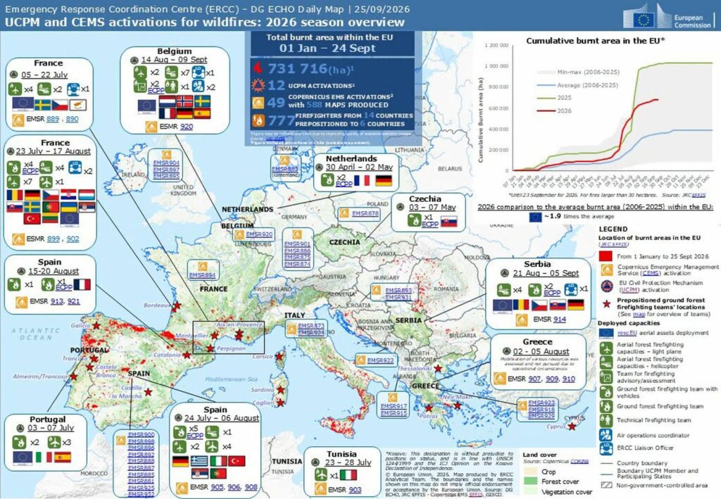 Harta incendiilor care au mistuit Europa în 2026. Suprafața arsă în UE este de aproape două ori peste media ultimilor 20 de ani
