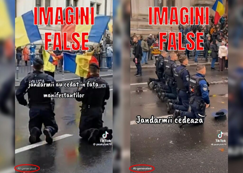 Imagini virale cu jandarmi care îngenunchează în fața protestatarilor, dezmințite de Jandarmeria Română