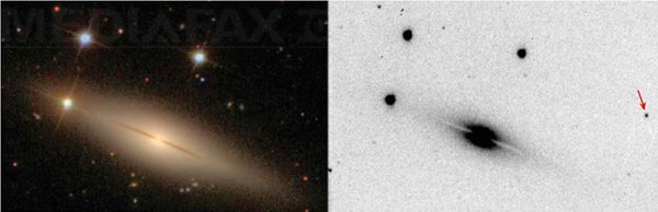 Imaginea din stânga ilustrează galaxia NGC 1032 înainte de explozia supernovei; Imaginea din dreapta evidenţiază explozia supernovei